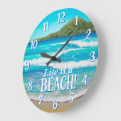 Grande Horloge Ronde Plage Blue Waves Peinture Typographie (Angle)