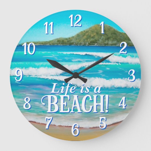 Grande Horloge Ronde Plage Blue Waves Peinture Typographie (Recto)