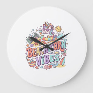 Grande Horloge Ronde Plage de Licorne Vibes Fantaisiste Fond Blanc