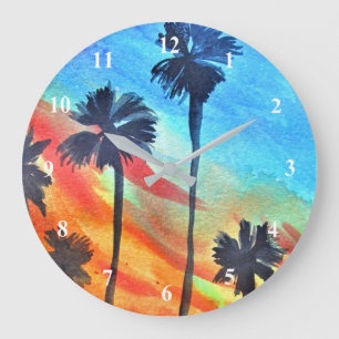 Grande Horloge Ronde Plage de Sunset Palm Tree art surf