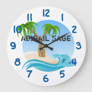 Grande Horloge Ronde Plage personnalisée et palmiers tropicaux