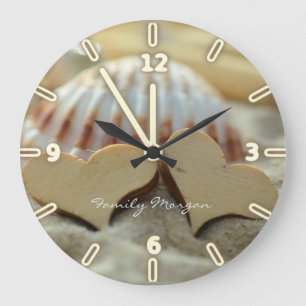 Grande Horloge Ronde Plage, Sable, Coquillage, Coeurs de bois Personnal