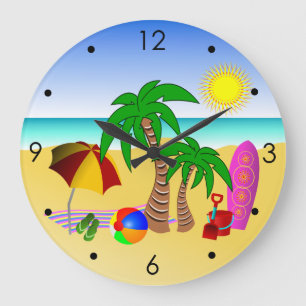 Grande Horloge Ronde Plage Soleil Mer Surf Bleu Moyen Grande Mur Horlog