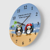 Grande Horloge Ronde Plage Tropical Penguins Couple Hula Pirate Island (Angle)