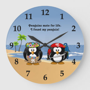 Grande Horloge Ronde Plage Tropical Penguins Couple Hula Pirate Island