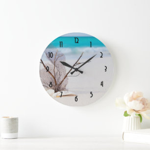 Grande Horloge Ronde Plage tropicale avec coquillages blancs