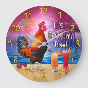 Grande Horloge Ronde Plage tropicale de coq de poulet de temps drôle d
