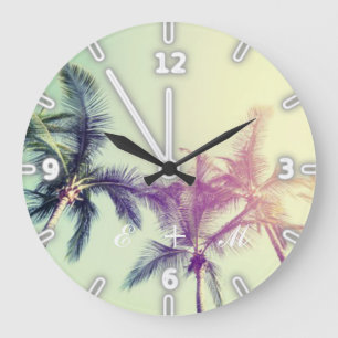 Grande Horloge Ronde Plage tropicale moderne adorable, Palms -Monogramm