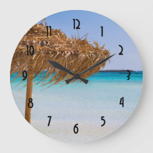 Grande Horloge Ronde Plage tropicale panoramique avec parasol en paille