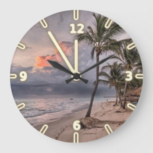 Grande Horloge Ronde Plage tropicale,Sable Océan Ciel Palmier,Coucher d