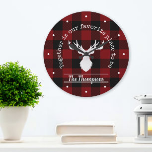 Grande Horloge Ronde Plaid Buffalo Rouge et Noir Personnalisé