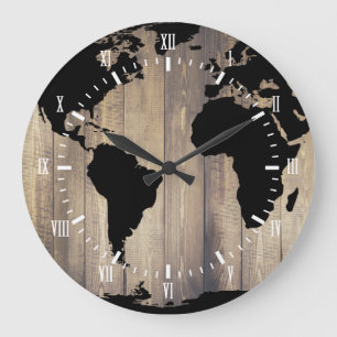 Grande Horloge Ronde Planches en bois rustiques de carte du monde de