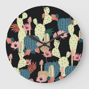 Grande Horloge Ronde Plante de Cactus : Motif botanique Vintage