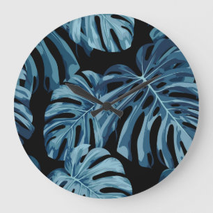 Grande Horloge Ronde Plante Monstera : motif feuille bleu.