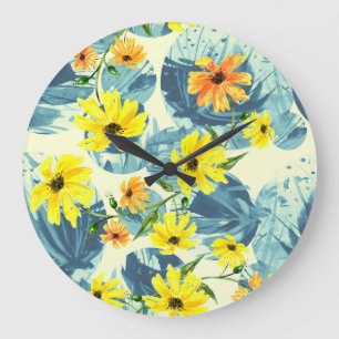 Grande Horloge Ronde Plantes d'aquarelle créative : élégant et transpar