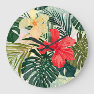 Grande Horloge Ronde Plantes tropicaux hawaïens, fleurs colorées.
