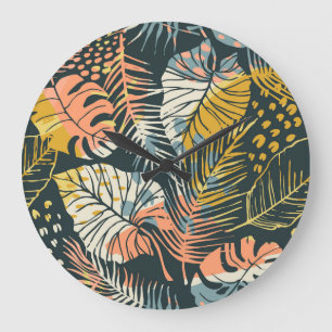 Grande Horloge Ronde Plantes tropicaux : motif artistique abstrait.
