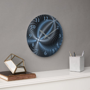Grande Horloge Ronde Plastique bleu gris 3D Fractal Art moderne Abstrai