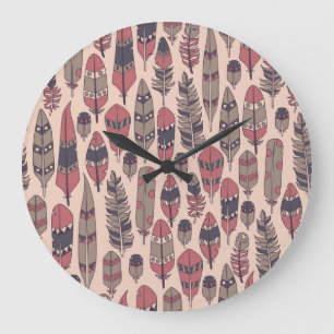 Grande Horloge Ronde Plumes Abstraites : arrière - plan vintage coloré.