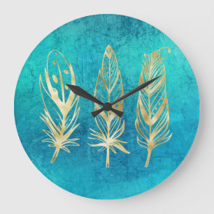Grande Horloge Ronde Plumes bleu et or turquoise