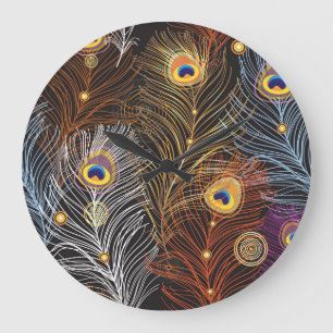 Grande Horloge Ronde Plumes de paon doré : motif foncé.