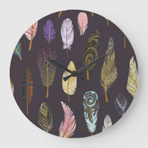 Grande Horloge Ronde Plumes d'oiseaux colorées Motif d'aquarelle