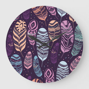 Grande Horloge Ronde Plumes ethniques : motif noir et blanc