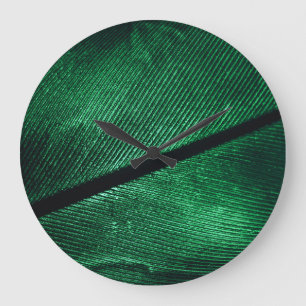 Grande Horloge Ronde Plumes Vertes, Belle Texture Motif.