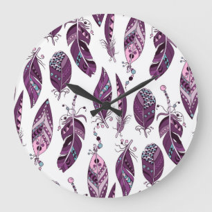 Grande Horloge Ronde Plumes violettes : Vintage Ornementale sans joint.