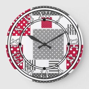 Grande Horloge Ronde Pneuka rouge gris patchwork sur arrière - plan bla