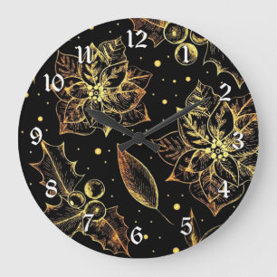 Grande Horloge Ronde Poinsettias Noir & Or & Holly