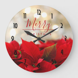 Grande Horloge Ronde Poinsettias rouges avec Noël d'or de Bokeh