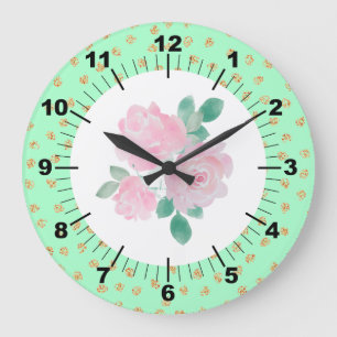 Grande Horloge Ronde Points verts et dorés floraux