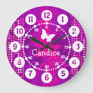 Grande Horloge Ronde Points violets rose nommés faciles à lire