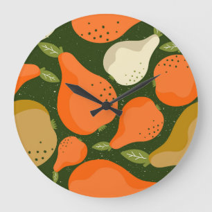 Grande Horloge Ronde Poires, feuille : papier peint vintage coloré.
