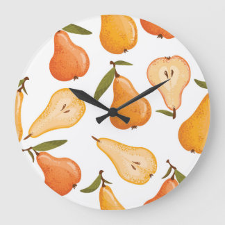 Grande Horloge Ronde Poires jaunes : Arrière - plan blanc sans couture.