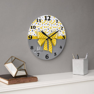 Grande Horloge Ronde Pois gris et jaune, ruban jaune soleil