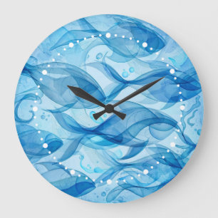 Grande Horloge Ronde Poisson Bleu Fluide Abstrait Harmonieux