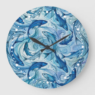 Grande Horloge Ronde Poisson Bleu Mystique Flowing Harmony