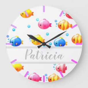 Grande Horloge Ronde Poisson coloré heureux avec bulles