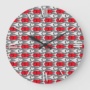 Grande Horloge Ronde Poisson moderne du milieu du siècle, rouge et gris
