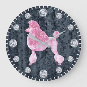 Grande Horloge Ronde Poisson rose Poodle Diamond Dog Heure