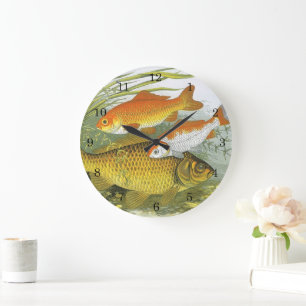 Grande Horloge Ronde Poisson vintage Koi Poisson, Marine Aquatique Vie