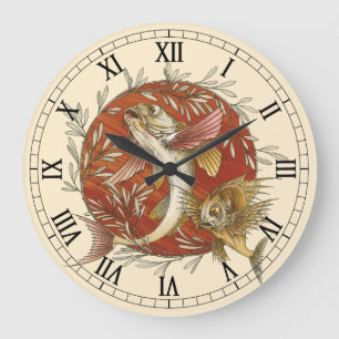 Grande Horloge Ronde Poisson volant japonais vintage et Bambou Art Feui