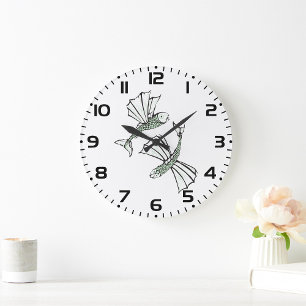 Grande Horloge Ronde Poisson volant Main Tirée Océan Créature
