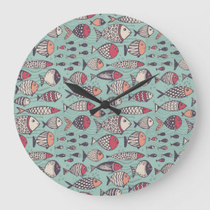 Grande Horloge Ronde Poissons amusants : motif sans couture dessiné à l