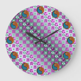 Grande Horloge Ronde Poissons & Coq de Bois
