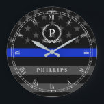 Grande Horloge Ronde Police Styled American Flag monogram<br><div class="desc">A wall clock featuring a thin blue line flag symbolic of law-enforcement.  Roman numerals and a spot for yours or your gift recipient's Monogram and last name.</div>