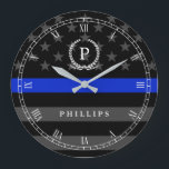 Grande Horloge Ronde Police Styled American Flag monogram<br><div class="desc">A wall clock featuring a thin blue line flag symbolic of law-enforcement.  Roman numerals and a spot for yours or your gift recipient's Monogram and last name.</div>