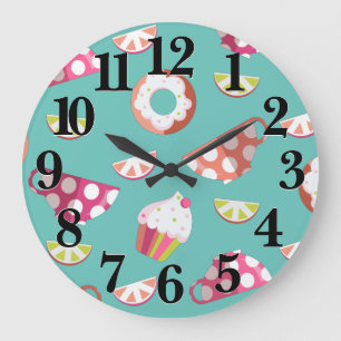 Grande Horloge Ronde Polka Dot Cups Cakes Donuts Lemons Grappes